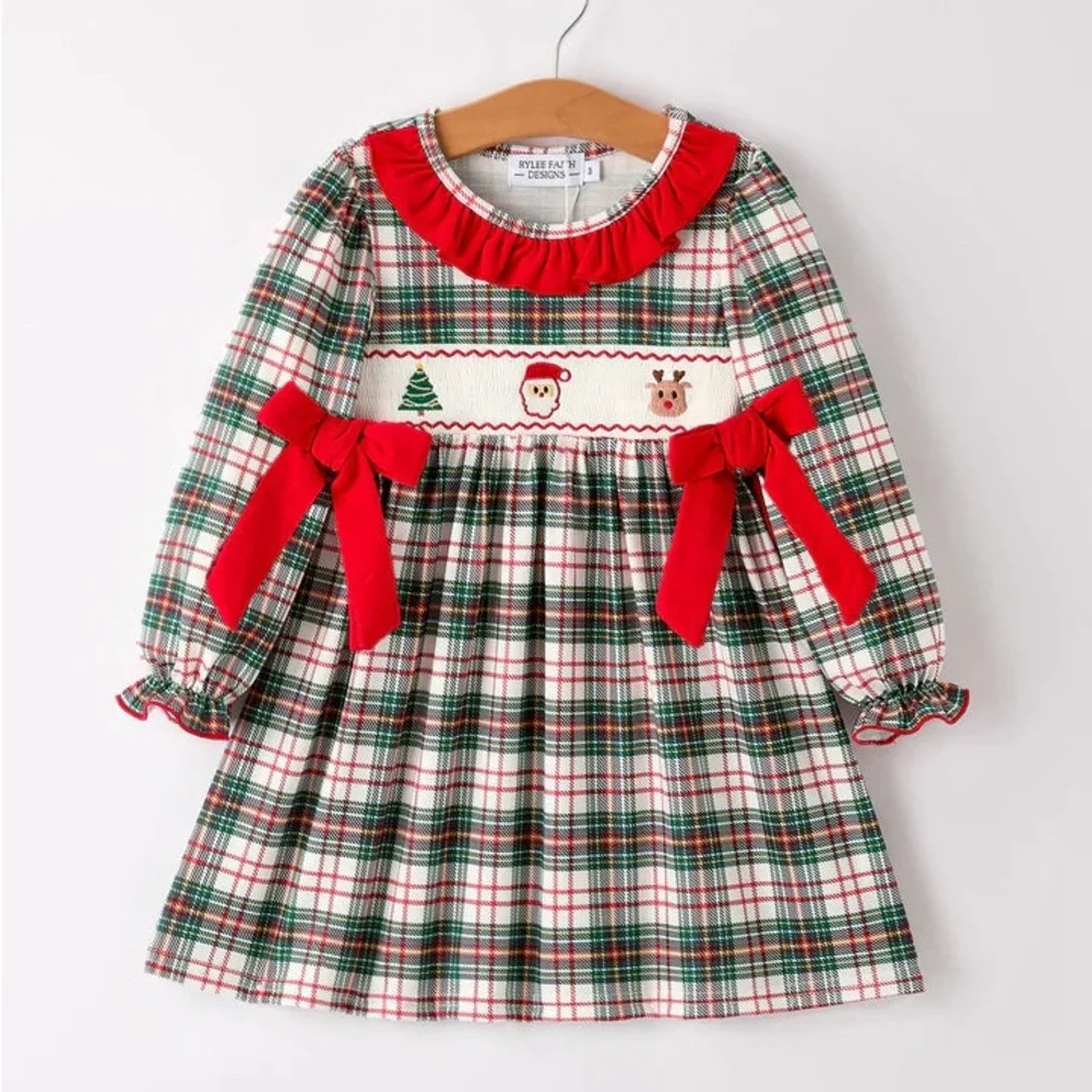 Christmas Plaid Embroidered Smock Dress 3T